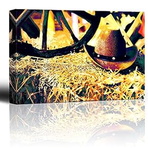 Cowboy hat on a hay Bale - Wagon Wheel in The Background - Colorful Painterly Image - Rustic Wall Art - Canvas Art Home Art - 12x18 inches
