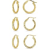 Hoops & Loops 925 Sterling Silver Diamond-Cut 15mm Round Hoop Earrings for Women, Set of 3 | Silver, Yellow Gold, Rose Gold