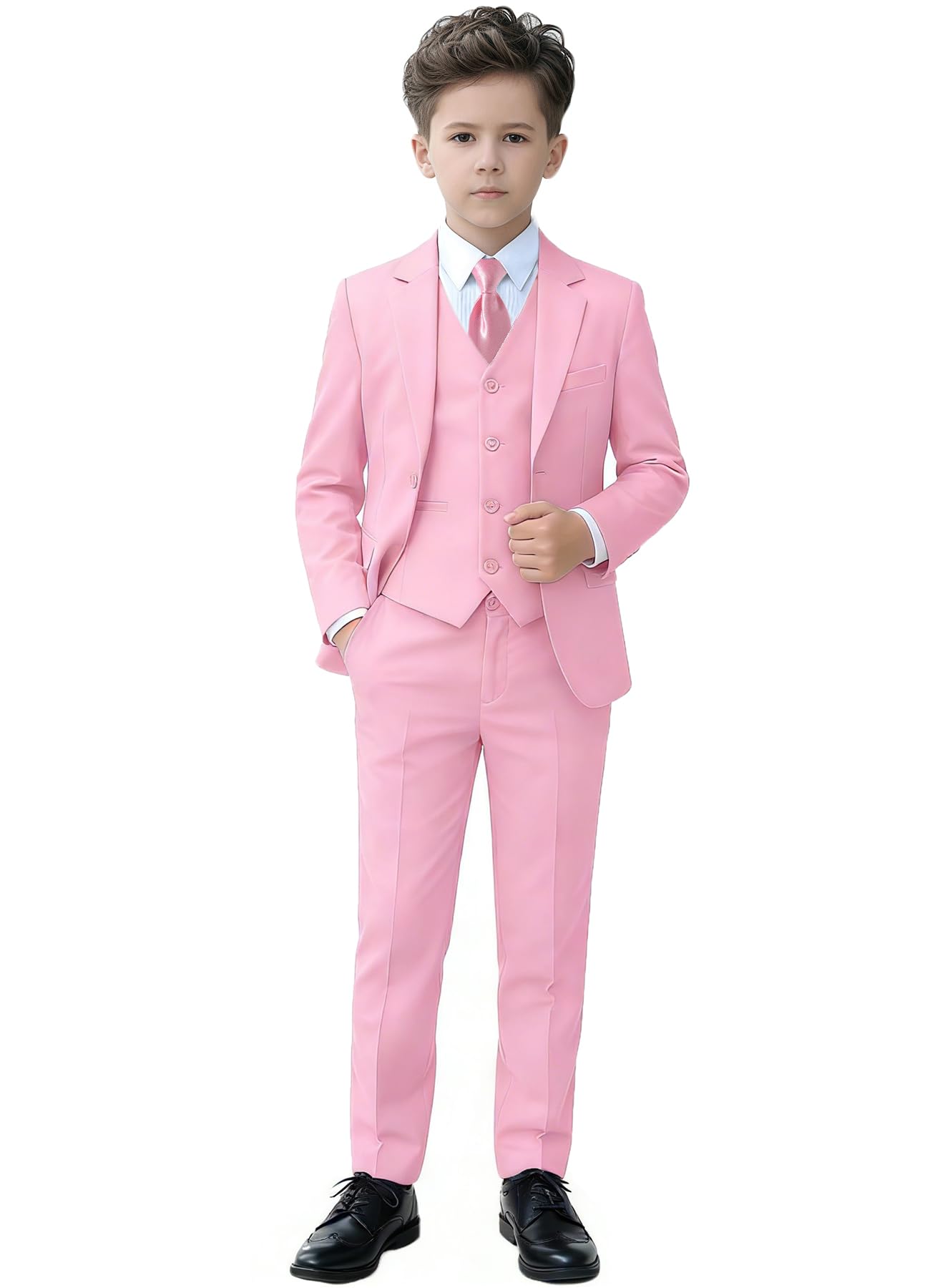 Photo 1 of **NOTE: NEEDS TO BE WASHED**   Toddler Boys Suits 5PC Easter Party Wear Kids Formal Dress Clothes for Wedding Ring Bearer Outfit Boy Light Pink Suit Slim Fit Tuxedo Size 3