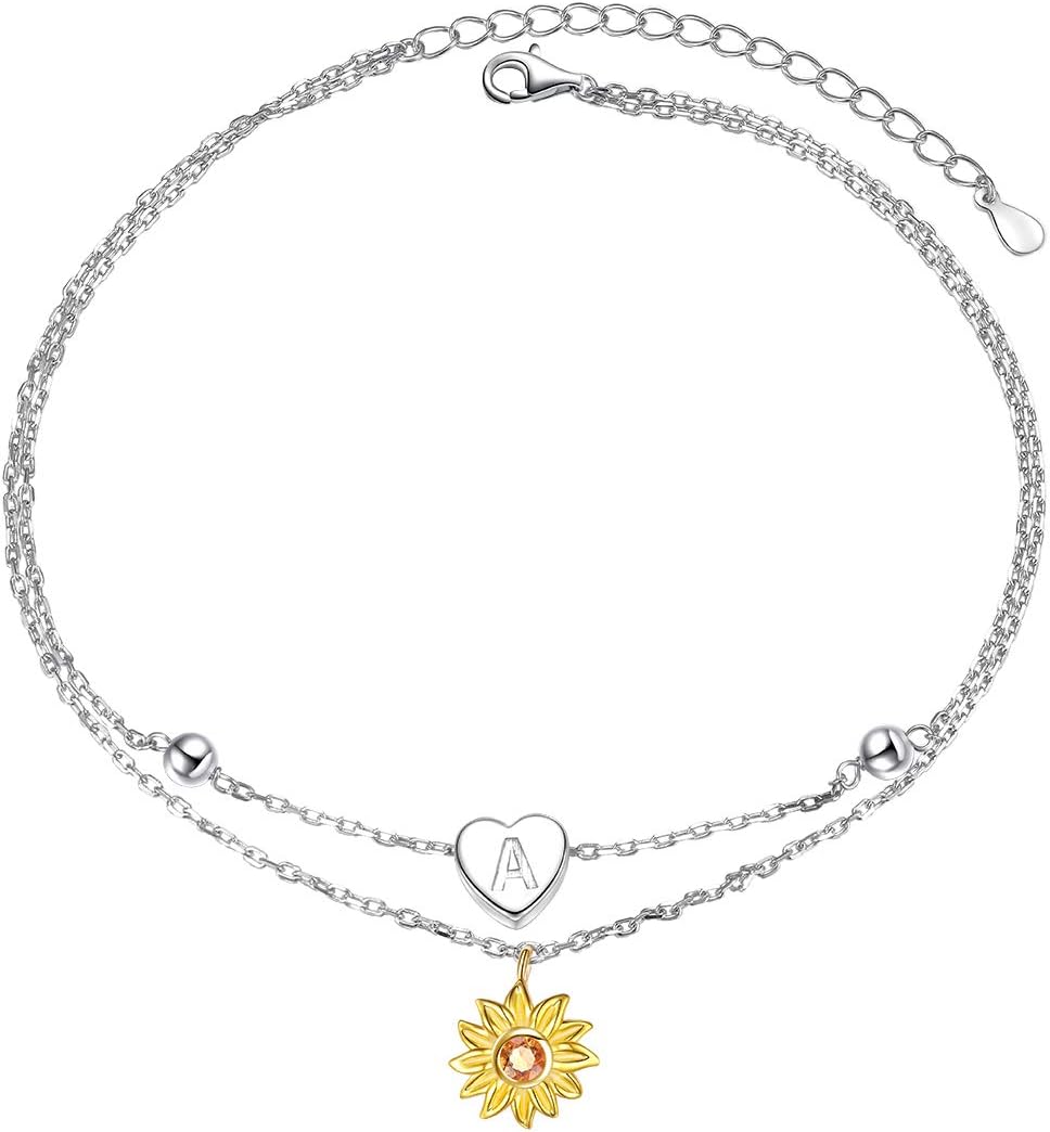 LadytreeSterling Silver Layered Chain Alphabet Letter Initial with Sunflower Beads Foot Bracelet Anklet for Women