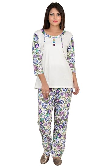Off-White & Floral Print Nursing Night-Suit Set