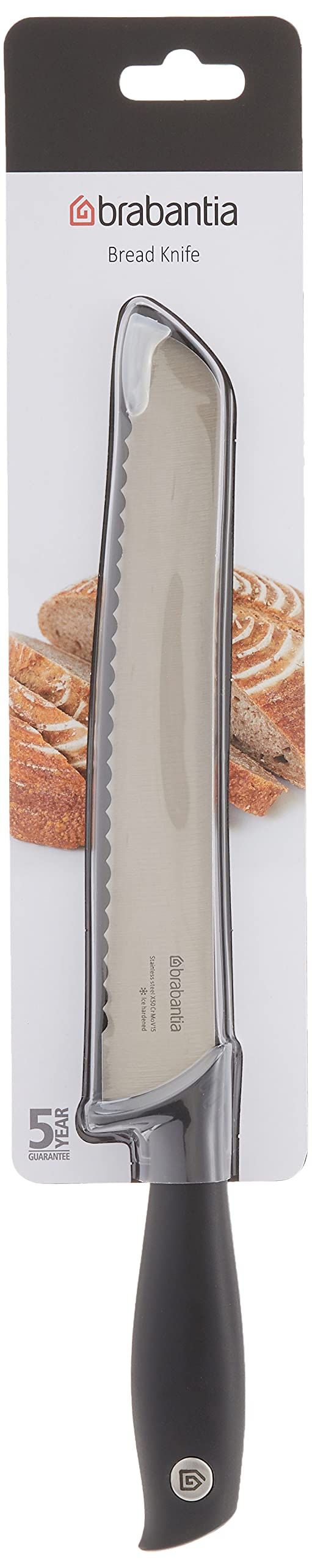 Brabantia Tasty+ Bread Knife (Dark Grey) Hardened Steel Long Serated Blade Kitchen Knife, Ideal for Cutting Crusts, Integrated Finger-Guard, All-Rounder, Ergonomic Handle