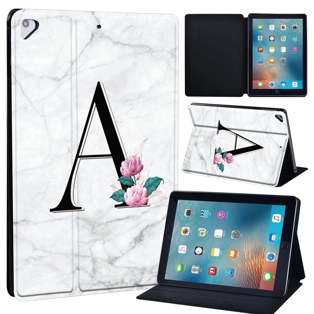 Initial Letter Leather slim lightweight Stand Cover Case for Apple New iPad 9.7 2018 2017(6th Gen, 5th Gen)/iPad Air 2/iPad Air/iPad Pro 9.7 Tablet with Auto Wake/Sleep (whitemarbleA)