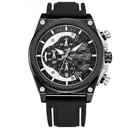 MEGIR Japanese Quartz Silicon Strap Waterproof Real Chronograph Military Wristwatch for Men 2051 - Black White