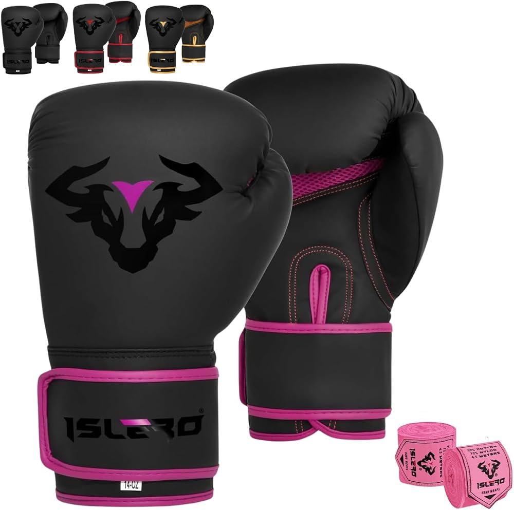 Islero EVO Fitness Boxing Gloves 12 oz Pink Matte Black with Hand Wraps
