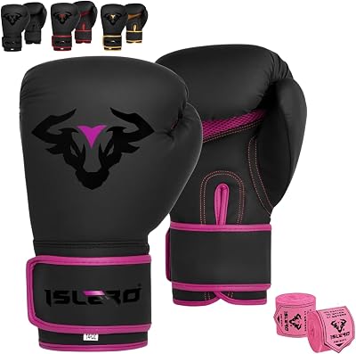 Islero EVO Fitness Boxing Gloves 12 oz Pink Matte Black with Hand Wraps