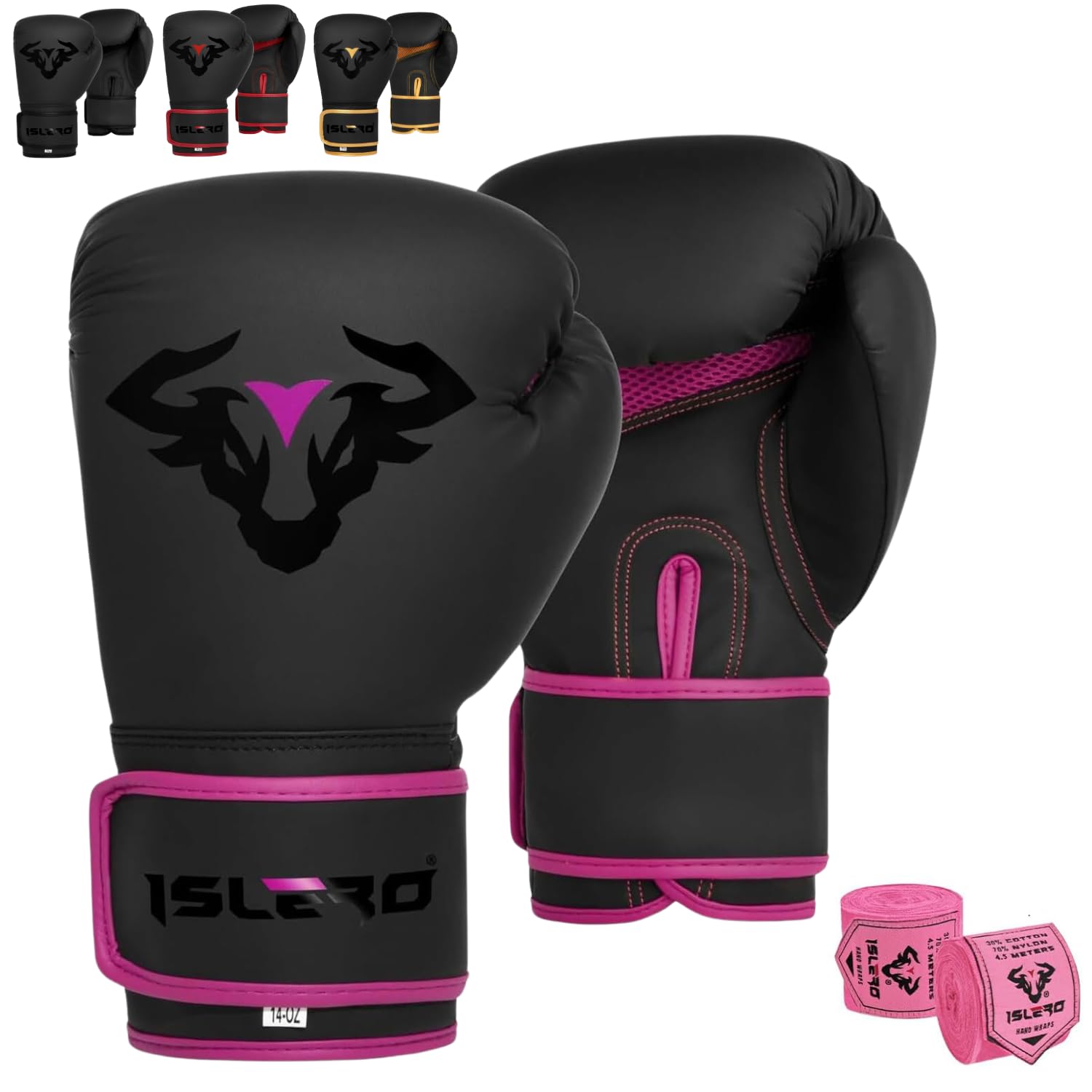 Islero EVO Fitness Matte Black Boxing Gloves Men Punch Bag Women Pink MMA Muay Thai Martial Arts Kick Boxing Sparring Training Fighting Gloves With Hand Wraps (8 OZ, Pink)