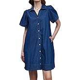 EZAPINE Women Denim Shirt Dress Summer Casual Short Sleeve Button Down V Neck Loose Jean Mini Dress