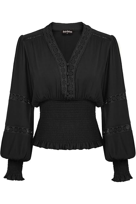 Camisa De Pirata Mujer Blusa Victoriana Negra Manga Larga Con