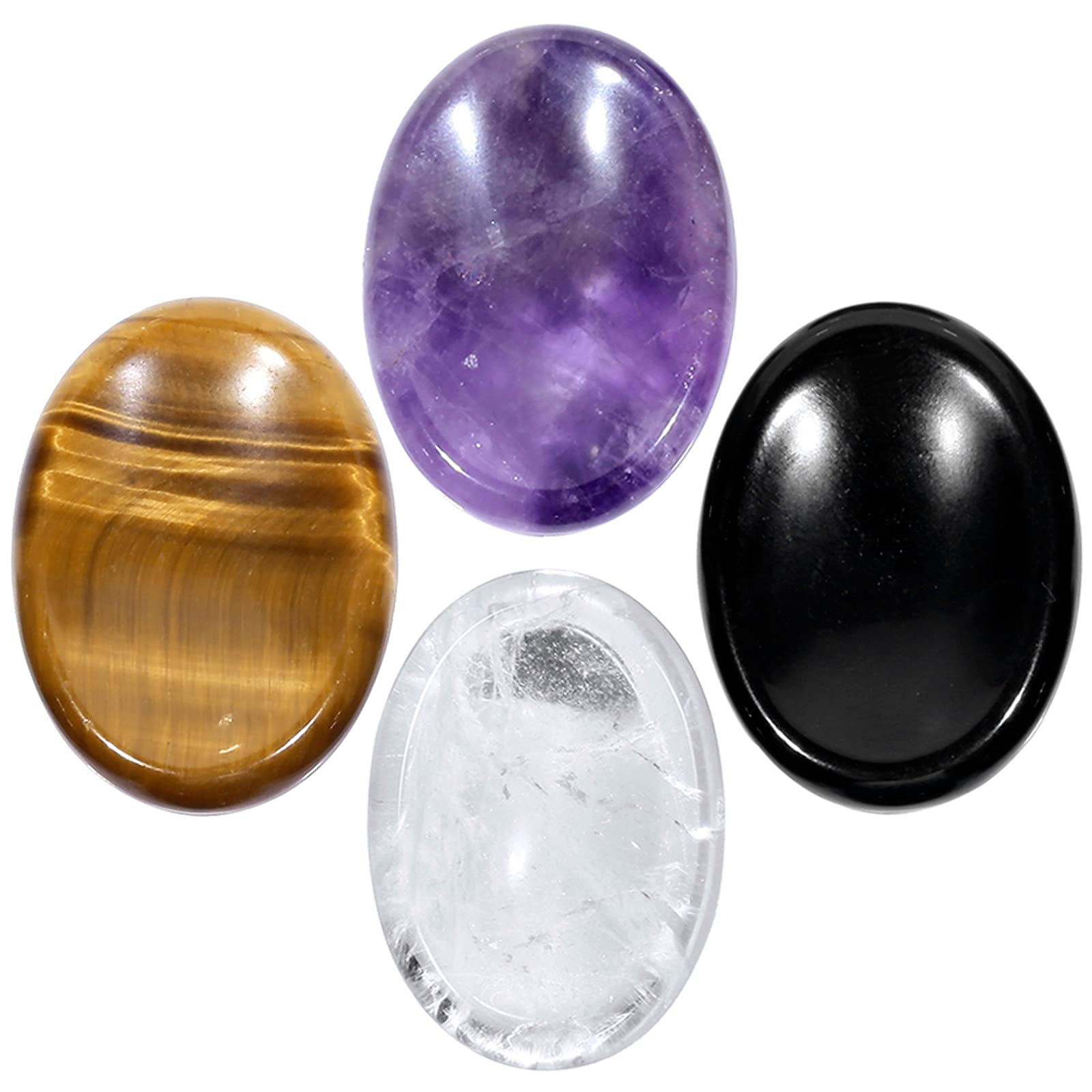 Nupuyai 4pcs Oval Thumb Worry Stone Set, Natural Crystal Pocket Palm Stone for Healing Anxiety Stress Relief Reiki Therapy, Amethyst/Obsidian/Tiger's Eye/Rock Crystal