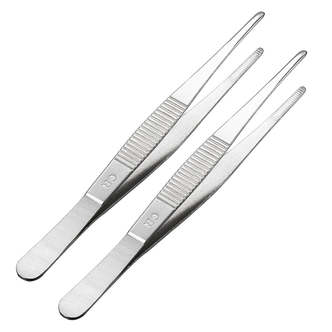Sourcingmap 2 Pcs 5.5-Inch Stainless Steel Straight Blunt Tweezers with Serrated Tip Polish
