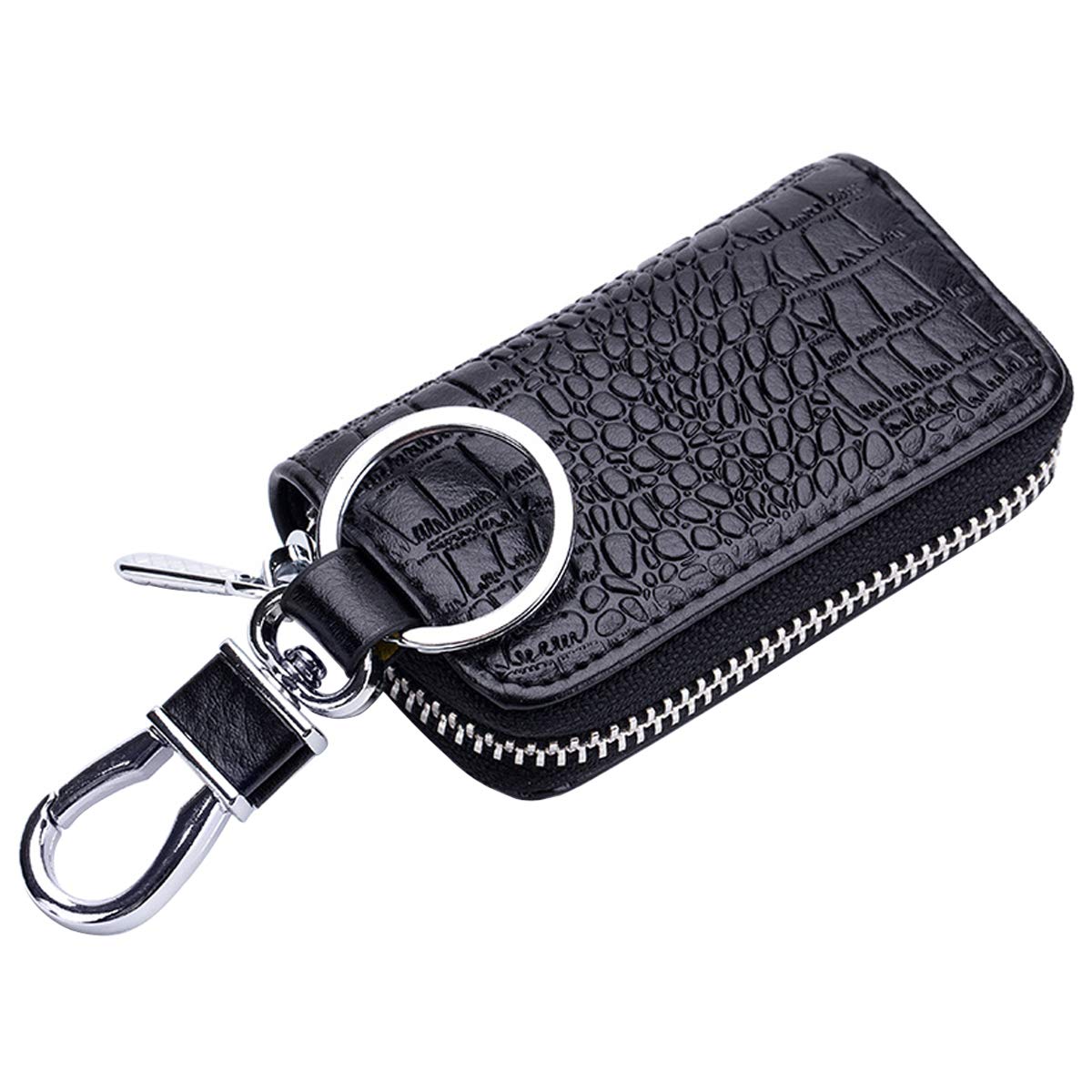 Aileder Crocodile Car Key Case Genuine Leather Zippered Car Key Holder Remote Key Fob Cover with Keychain Key Ring (Black)