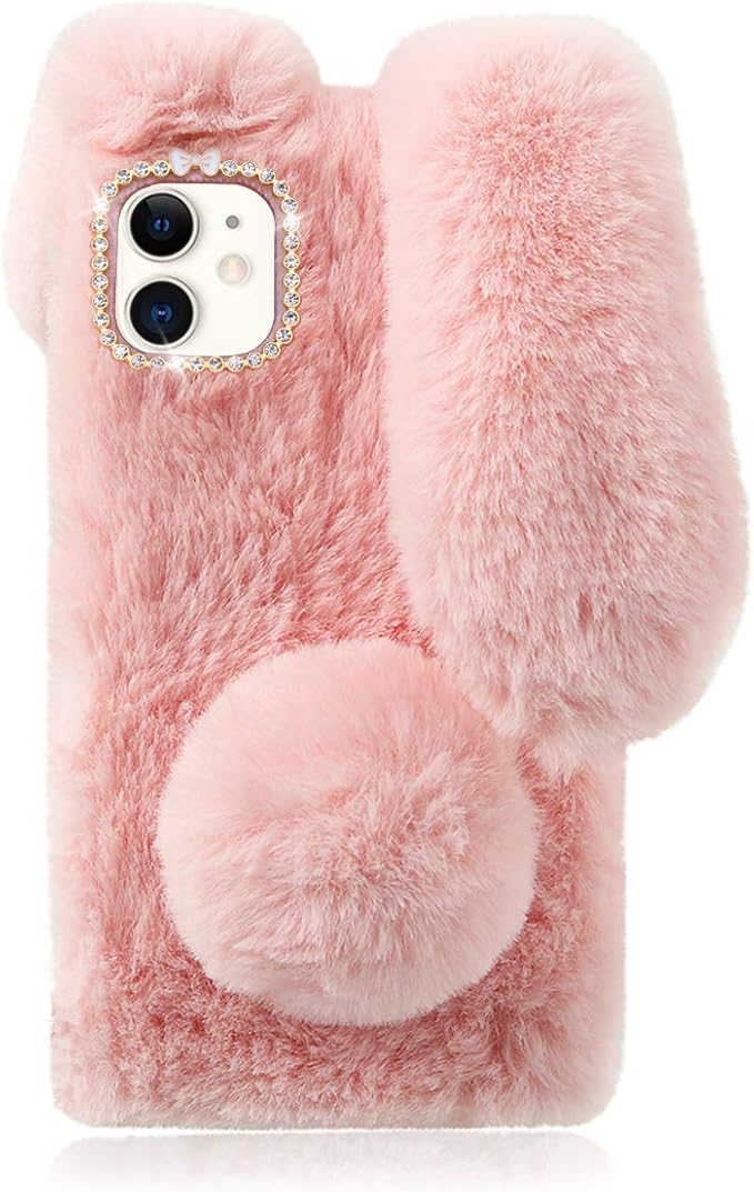 Mikikit Cute Cover Fluffy Bunny Case for Apple iPhone 11, Pink Furry