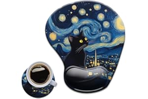 HOPONY Gel Wrist Rest Mouse Pad-Ergonomic Office Mousepad with Wrist Support-Non-Slip,Design Desk Accessories Mat for Home&Game Decor Van Gogh Cat