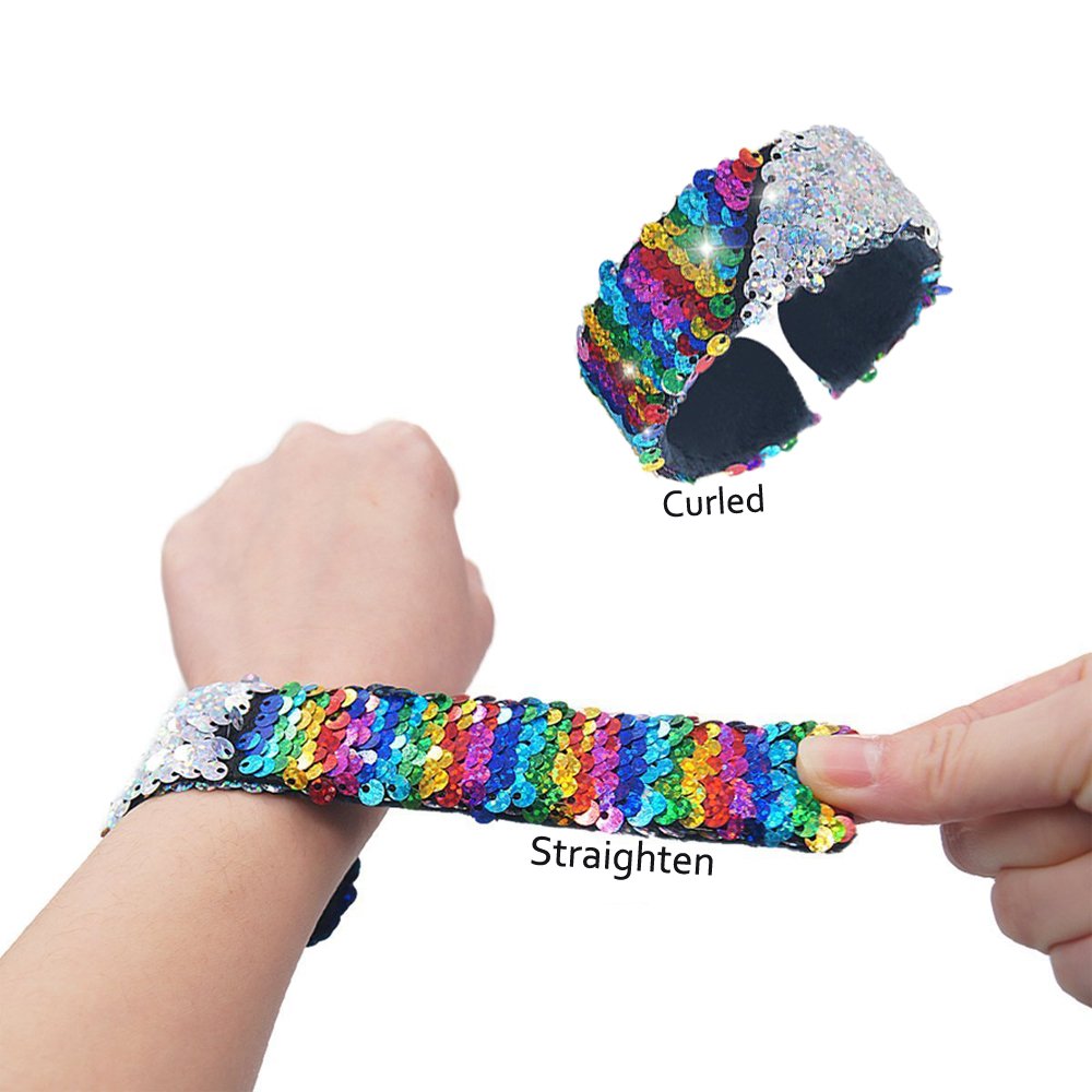 Hyfanda Magic Mermaid Slap Bracelet 12 Pack for Birthday Party Favors Christmas Gifts, Two-color Decorative Reversible Charm Sequins Flip Wristband Bracelet for Kids,Girls,Boys,Women (12PCS)