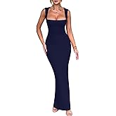 Aprilake Women's Elegant Sleeveless Square Neck Bodycon Ruched Long Evening Party Dress