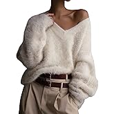 Yimoon Fuzzy Sweater for Women V Neck Long Sleeve Soft Chunky Pullover Sweater Loose Slouchy Fluffy Jumper Top