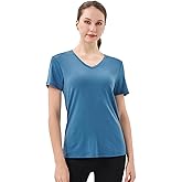 Merino Protect 100% Merino Wool V Neck T-Shirt for Women Short Sleeve Base Layers Odor Resistance Tops for Outdoor Hiking
