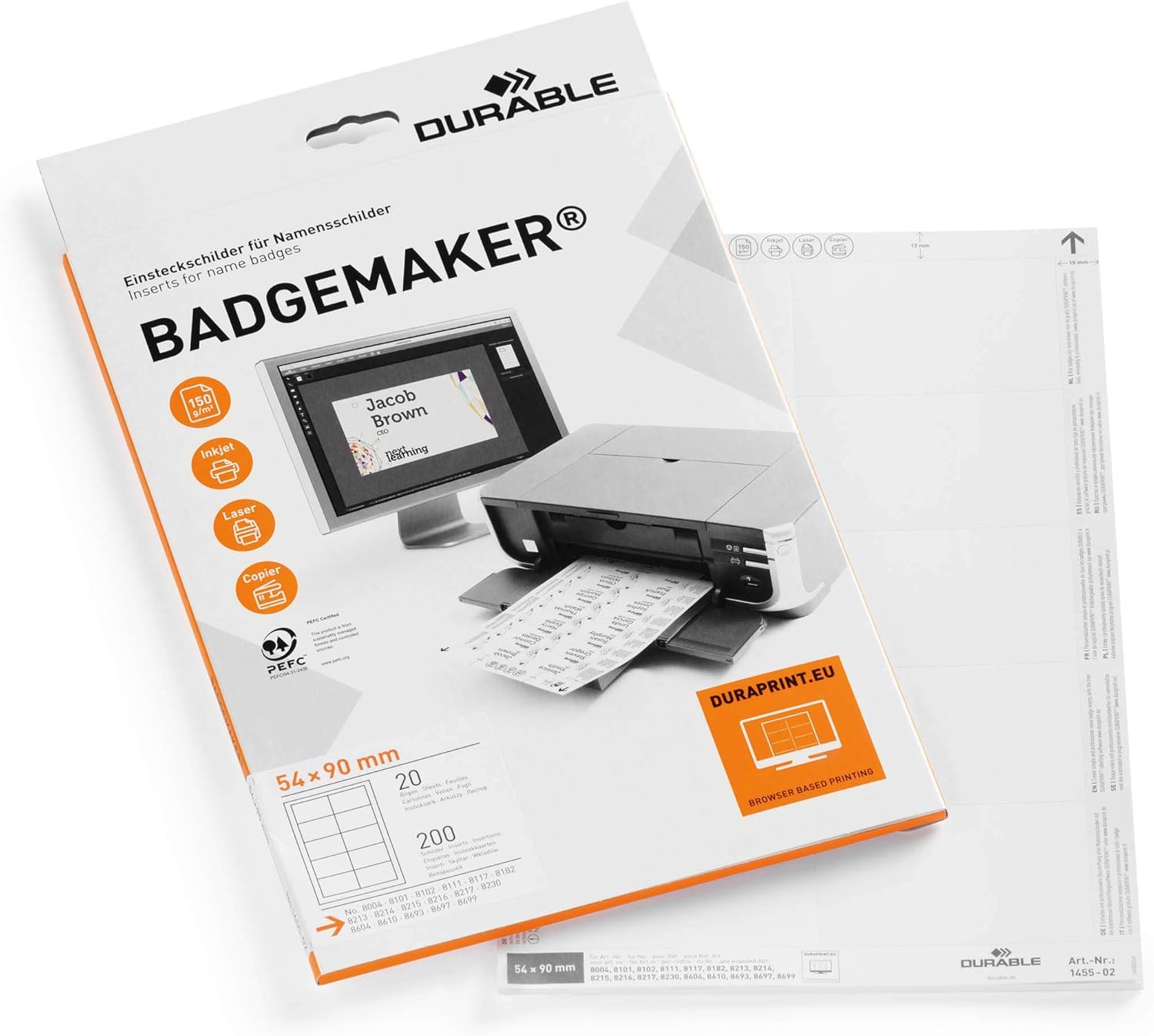 Durable BADGEMAKER Inserts 54 x 90mm - Pack of 200 Inserts - Printable Name Badge Inserts - Create Professional Badges In Minutes — image 1