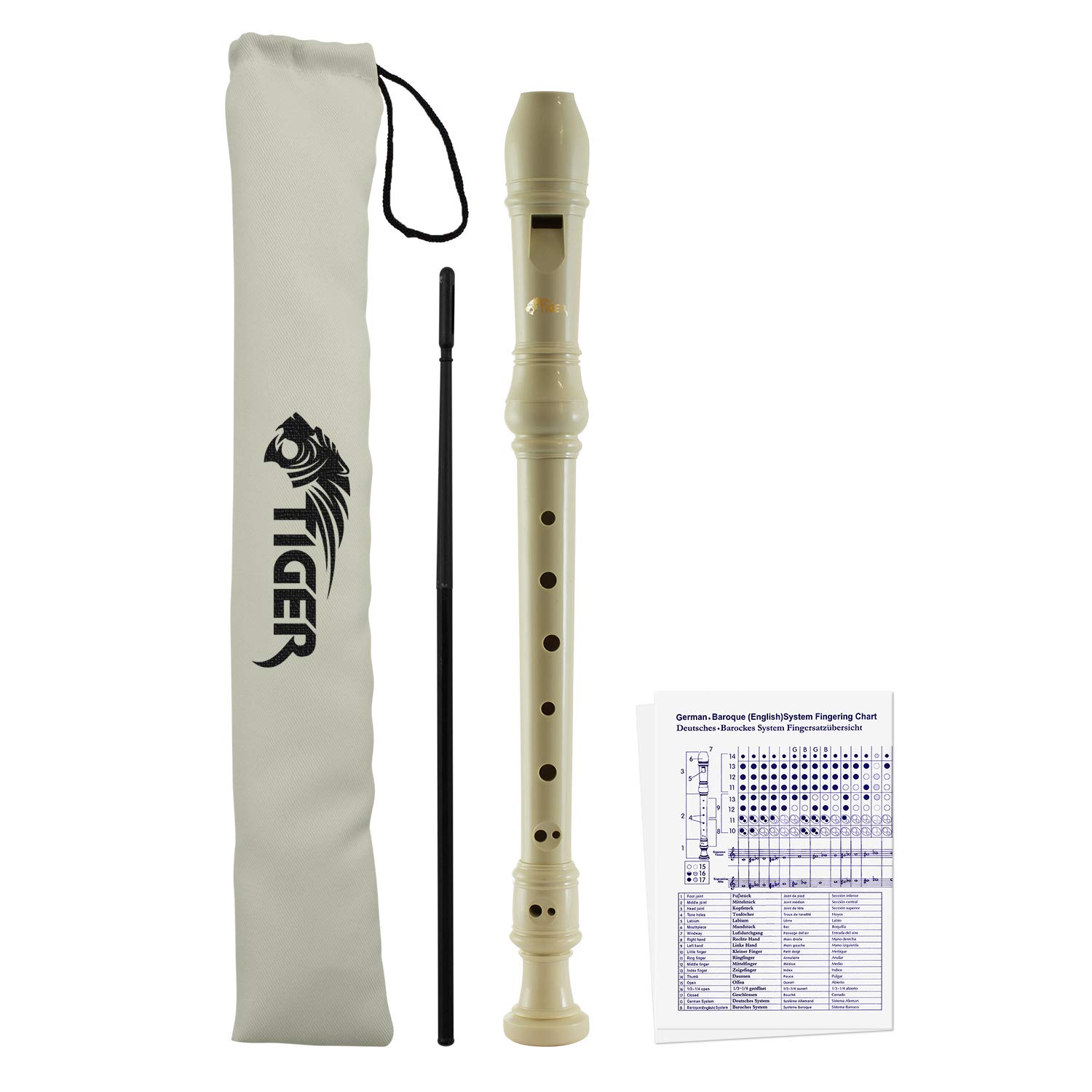 Tiger REC2-WH Descant Recorder – Three Piece School, Beginners Recorder with Bag, Cleaning Rod, and Fingering Chart – White