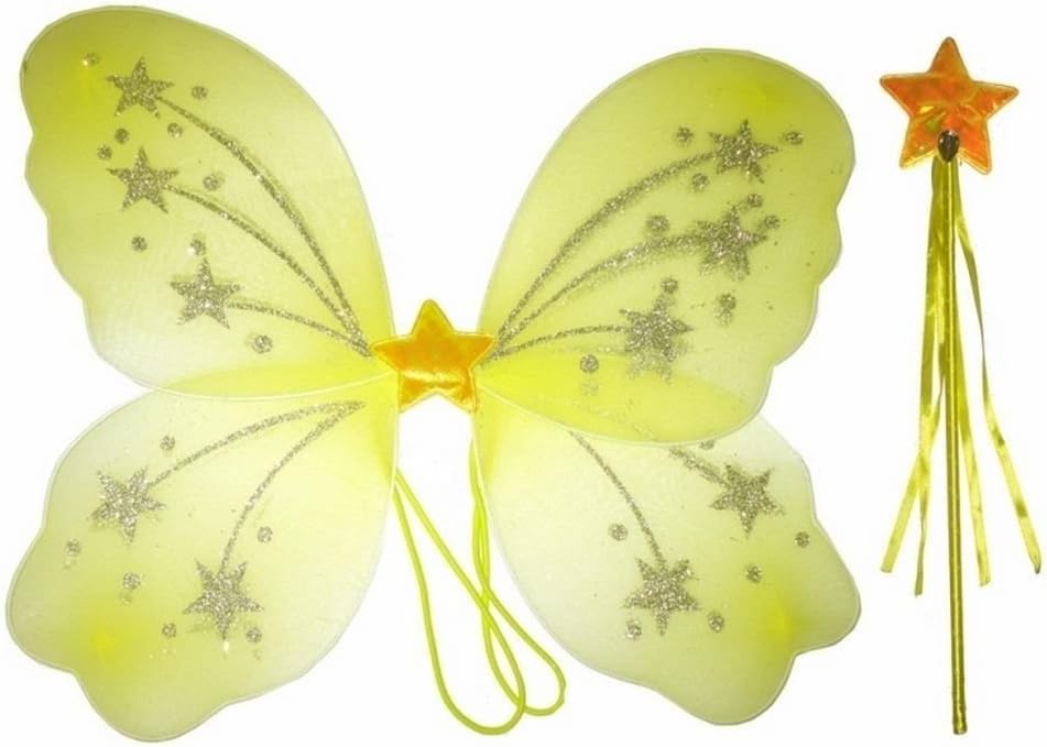 Wings Ladies Girls Butterfly Fairy and Wand White Pink Purple Yellow (Yellow)