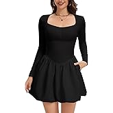 CAPE CLIQUE Long Sleeve Mini Dress for Women Sweetheart Neck Casual Bubble Dress A Line Drop Waist Short Dress with Pockets