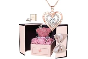 ANISH Preserved Rose Moss Bear Gifts Set with 100 I Love You Necklace for Mom Wife Girlfriend Mothers Day Christmas Valentines Day Anniversary Romantic Gifts for Her