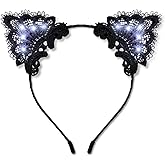 FlashingBlinkyLights Black Lace Light Up Kitty Cat Ears Headband with White LEDs