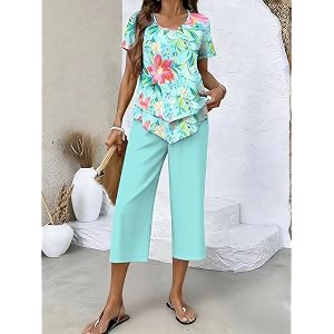 Women's 2 Piece Casual Outfit Set, Short Sleeve Tunic Top & Waist Capri Cropped Pants, Summer Lounge Vacation Matching