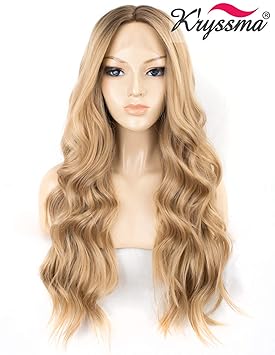 K'ryssma Ombre-Perücke, blond, gewellt, mit Spitze vorne, klebefrei, lang, blond, Kunsthaar, Mittelscheitel, wellig, für Frau