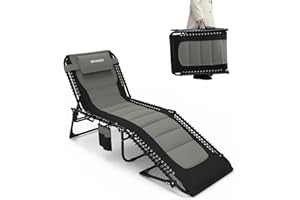 WKFAMOUT Outdoor Folding Lounge Chair Padded for Adults 264Ibs Patio Chaise Lounge Chair for Outside 5-Position Adjustable Reclining Beach Chair with Pillow Pocket
