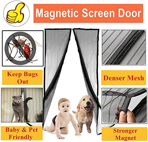 Gelite Magnetic Screen Doors with Dense Mesh Curtain and Full Frame Velcro Fits Door Size up to 36-83 Inches - Black