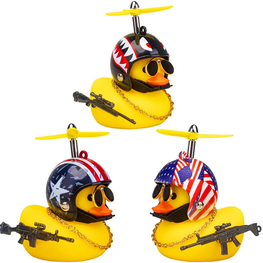 wonuu 3 Pack Car Rubber Duck Cute Yellow Wind-Breaking Ducks Dashboard Decorations Small Ornaments with Propellers Glasses Gold Chain (Yellow-Stars and Stripes&Flag&Shark)