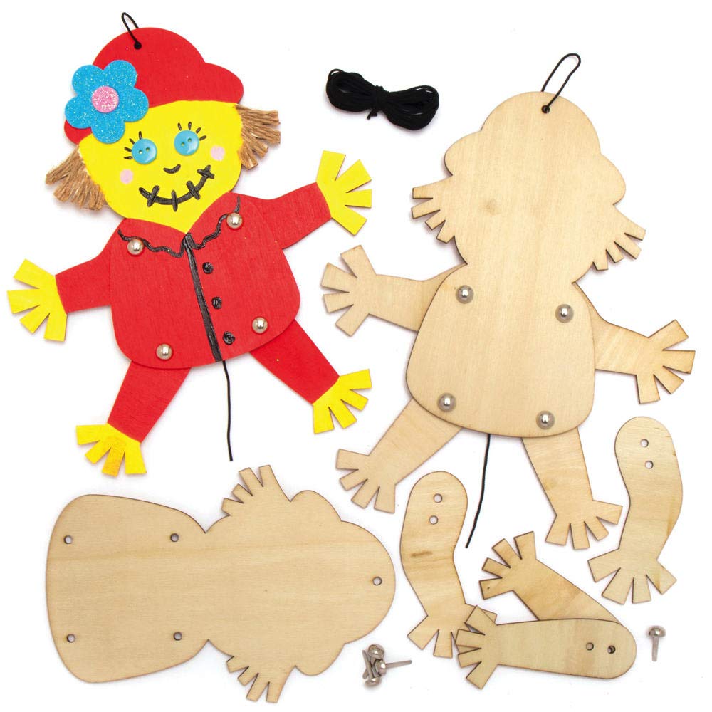 Baker Ross AX276 Scarecrow Wooden Puppet Kits for Kids - Pack of 4, Childrens Woodcraft Painting Sets For Kids Arts and Crafts Projects