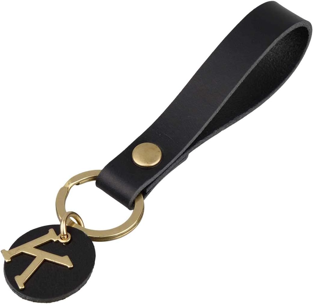 Richbud Brass Initial Letter Leather Keychain Capital Alphbet Key Ring Black Label (K)