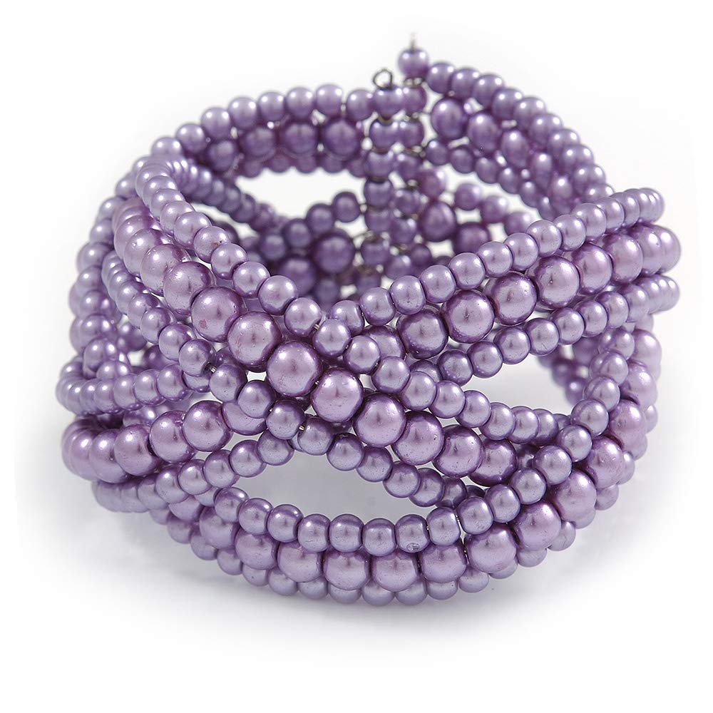 Avalaya Purple Glass Bead Plaited Flex Cuff Bracelet - Adjustable