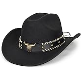 Classic Black Western Felt Roll Up Brim Cowboy and Cowgirl Hat for Women and Men - Decoration with Western Belt Bukle