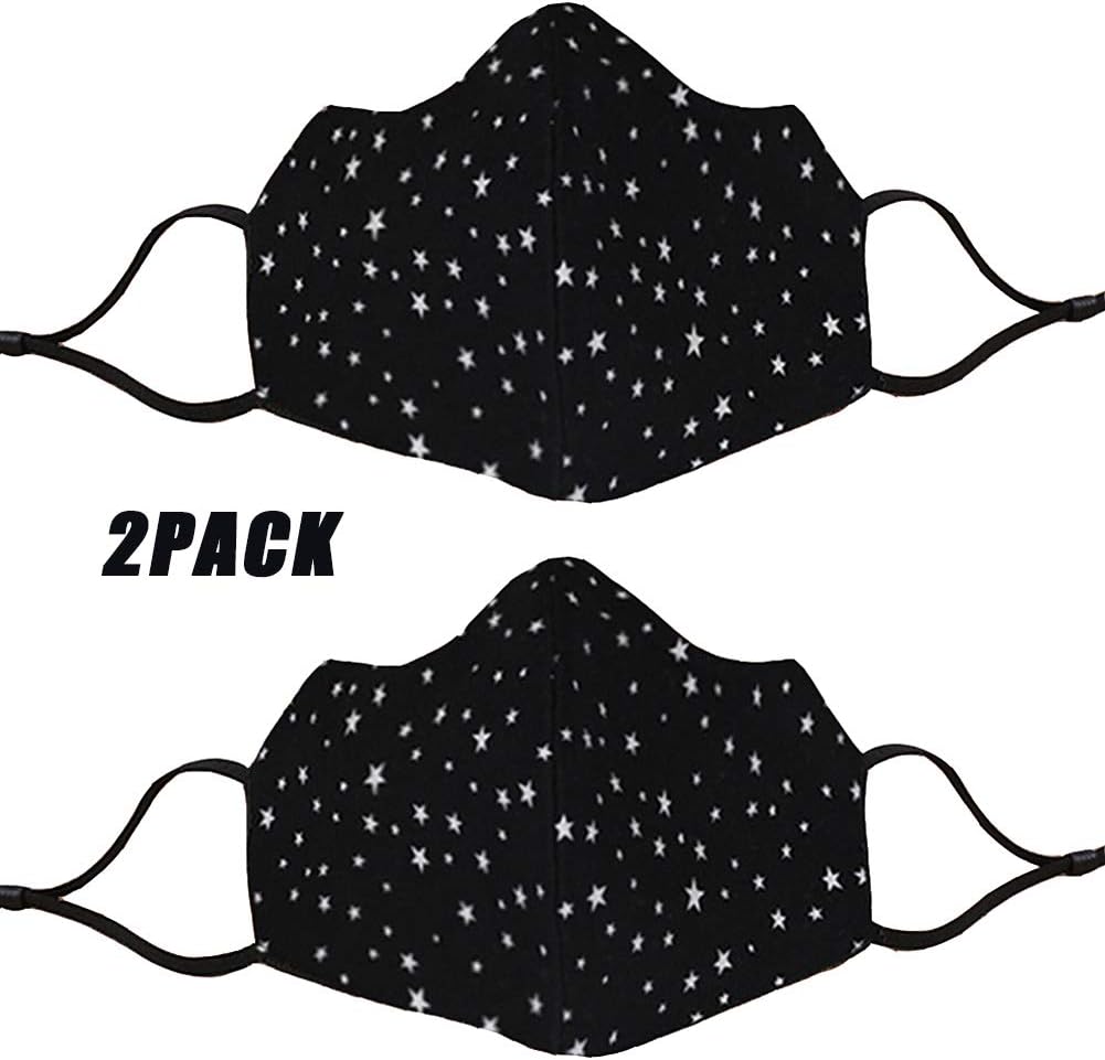 2PCS Washable Reusable Mask Men's and Women's Dust-Proof Adjustable Earrings Cotton Dust-Proof Half Face Eye Protection Mask (Starry black)