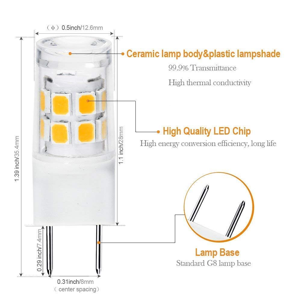 LED G8 Light Bulb 2.5 Watts Warm White G8 Base Bipin Xenon JCD Type