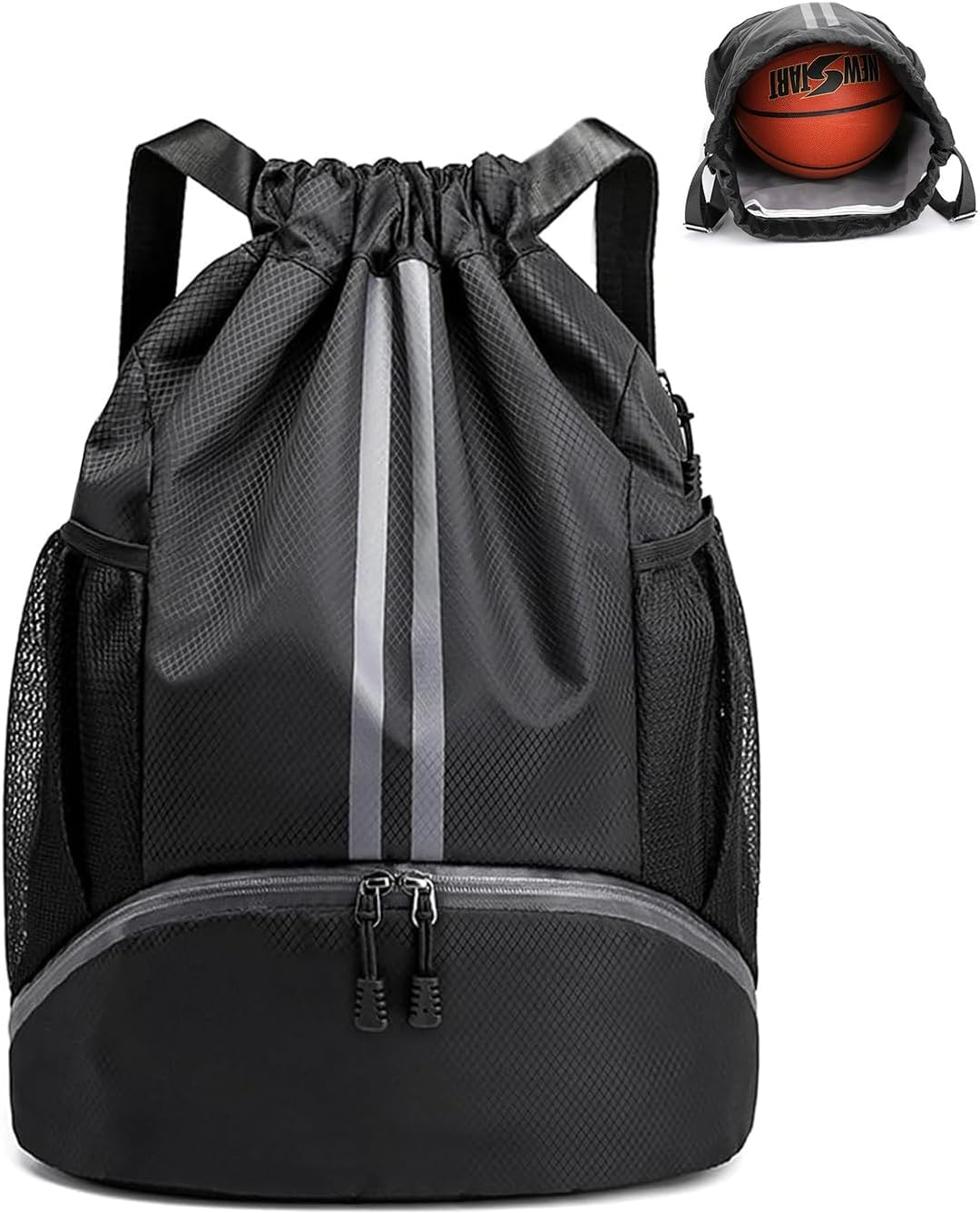 CazneJN Drawstring Sports Backpack with Shoe Compartment, Large Capacity Drawstring Gym Bag, Waterproof PE Backpack, for Football, Basketball Swimming, Holiday (Black)