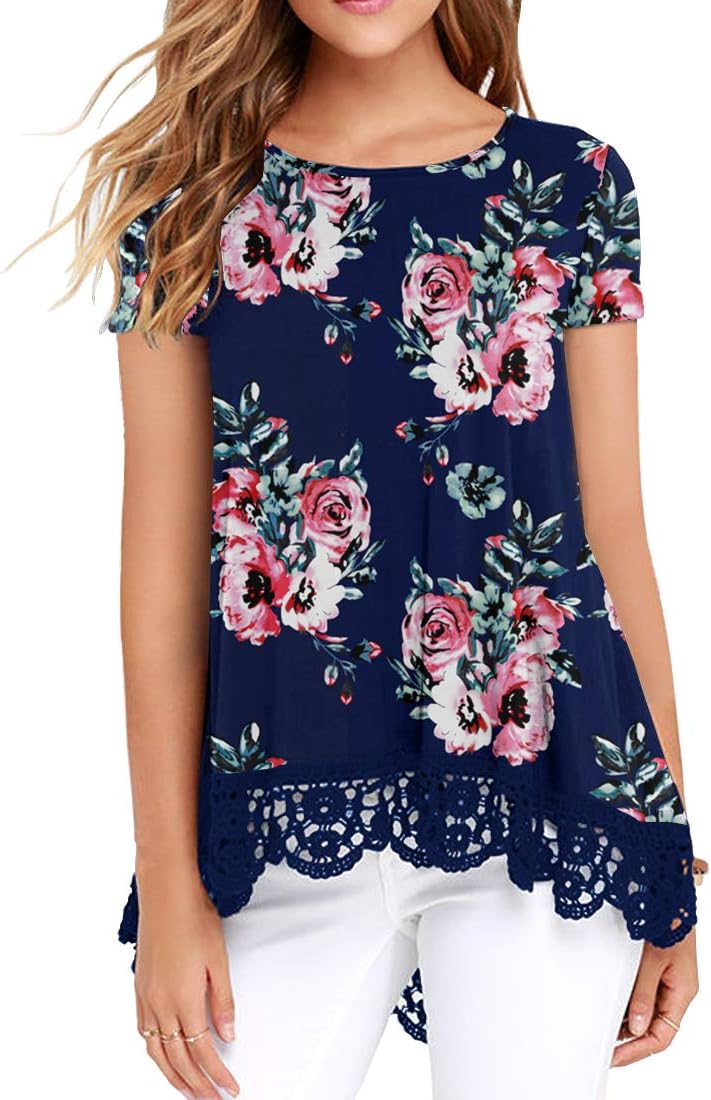 QIXING Women's Tops Short Sleeve//Long Sleeve Lace Trim O-Neck A Line Tunic Blouse