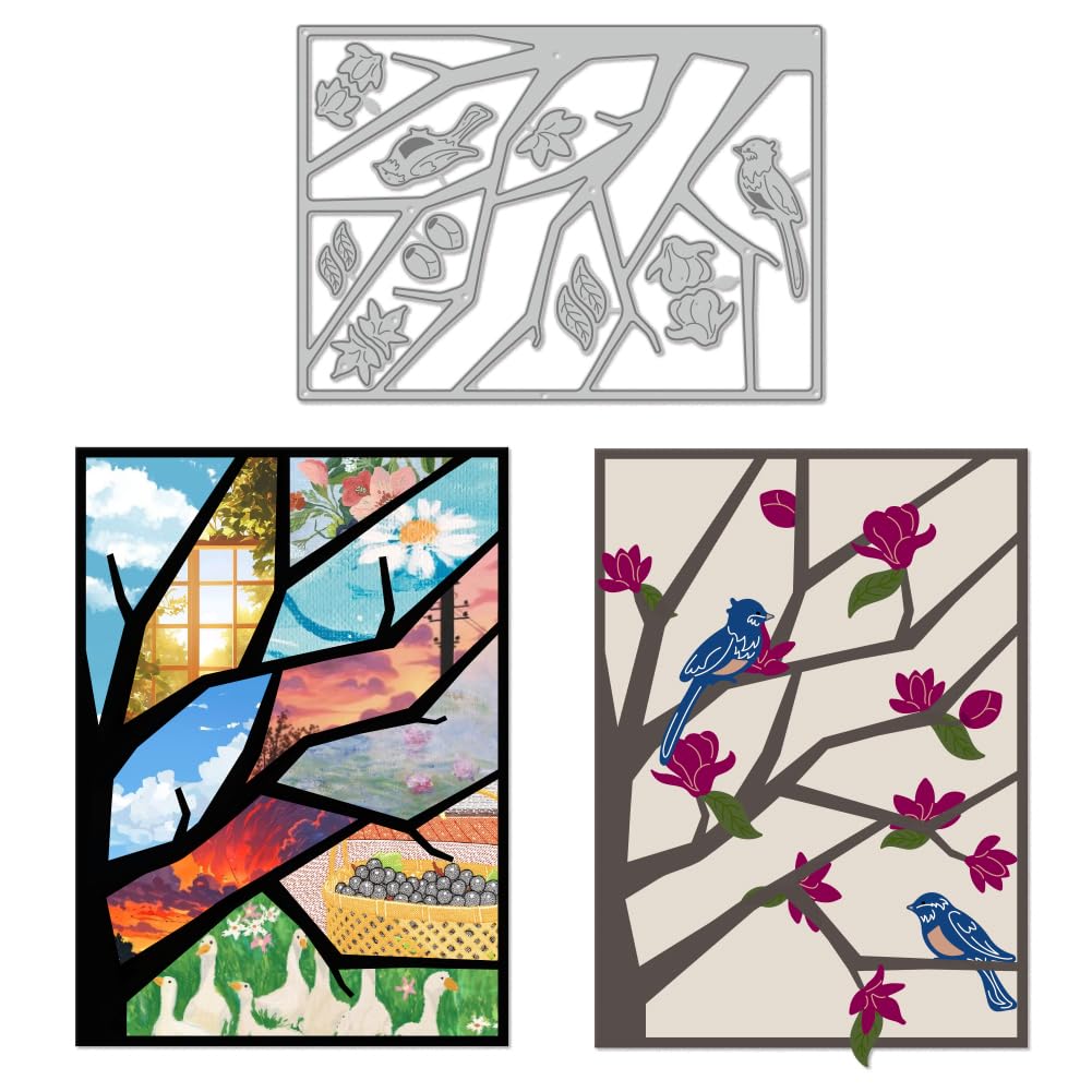 DELORIGIN Tree Background Bird Die Cuts for Card Making, Carbon Steel Die Cuts Flower Cutting Dies Frame Stencils Scrapbooking Embossing Template Dies for Crafting Photo Album Embossing Invitation
