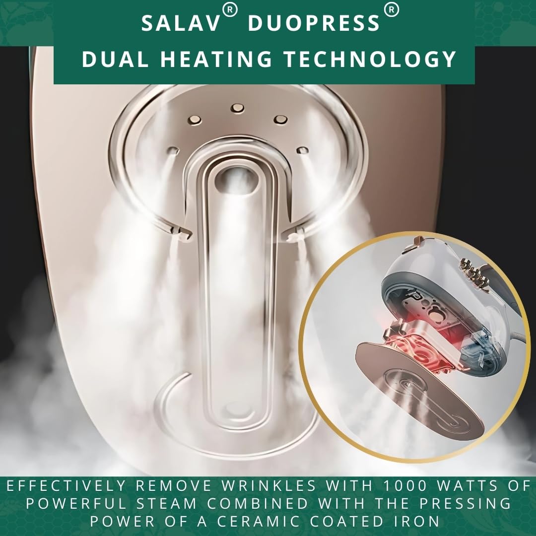 SALAV® Retro Edition Duopress Handheld Garment Steamer & Iron, Ceramic Plate, 1000W, No Drip Steam, Vertical & Horizontal Steam, Emerald - Removes Wrinkles & Refreshes Clothes, Vintage Style