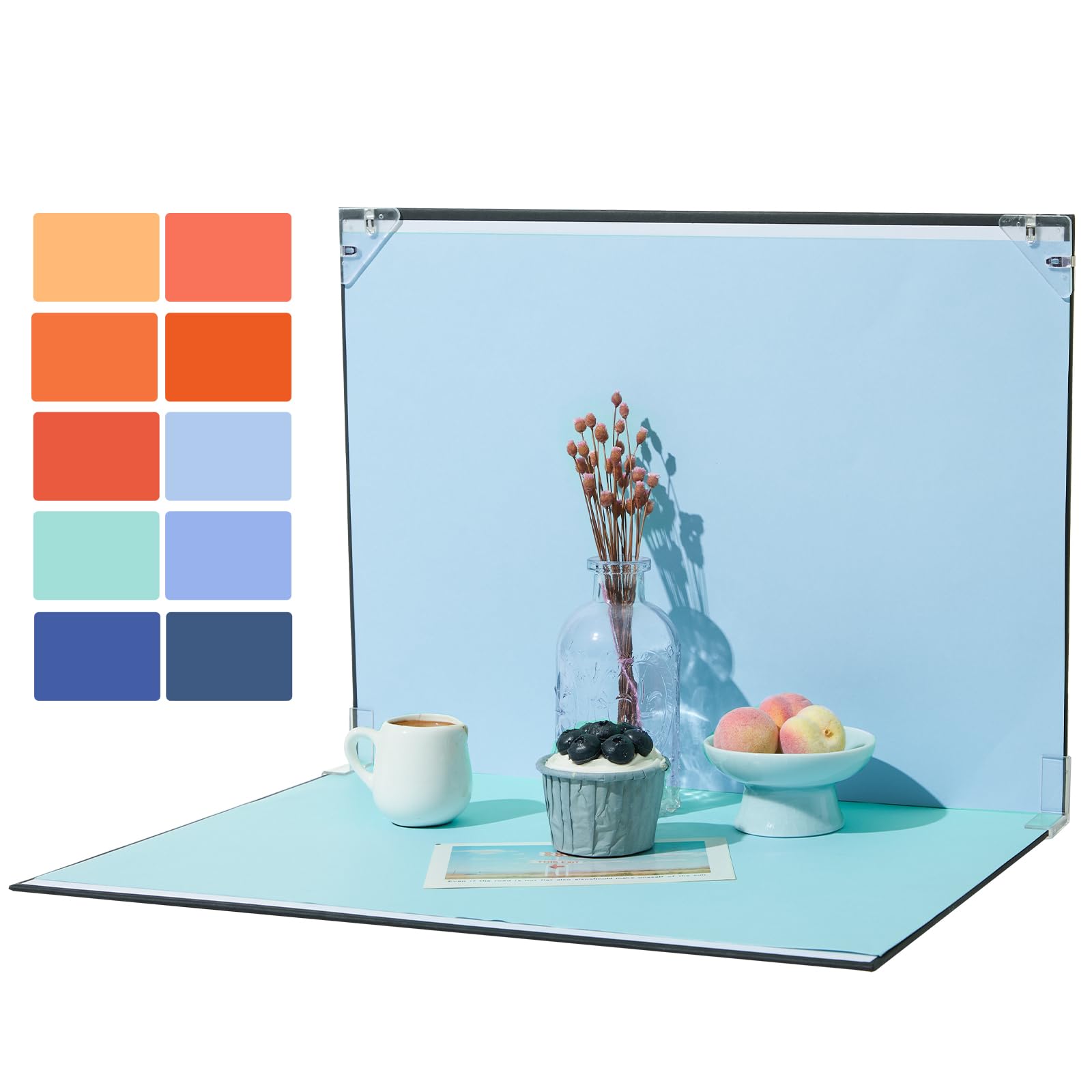 Photo 1 of 16x11.5 Photo Backdrop Background Table Top Kit, 10PCS Orange & Blue Background Paper with Backdrop Board, Flat Lay Props for Jewelry, Food, Makeup, Product