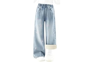 Fleece Lined Jeans for Girl Fashion Loose Elastic Waist Denim Pant Pocket Cute Heart Printed Straight Trouser (5-15 Years)