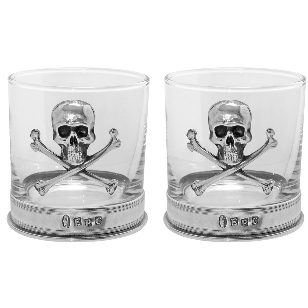 English Pewter Company Whisky Glass Tumbler Set with Skull and Cross Bones Emblem [TUM08]