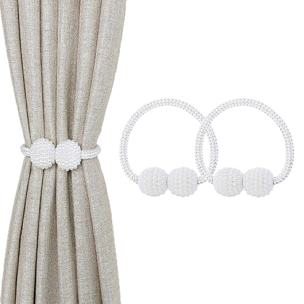 Magnetic Curtain Tie Backs, 2PCS Magnetic Clips Rope Holder Buckles Small Bead Curtain Buckle Clips Rope Holders for Home Office Hotel Window Decoration (White(2pcs))