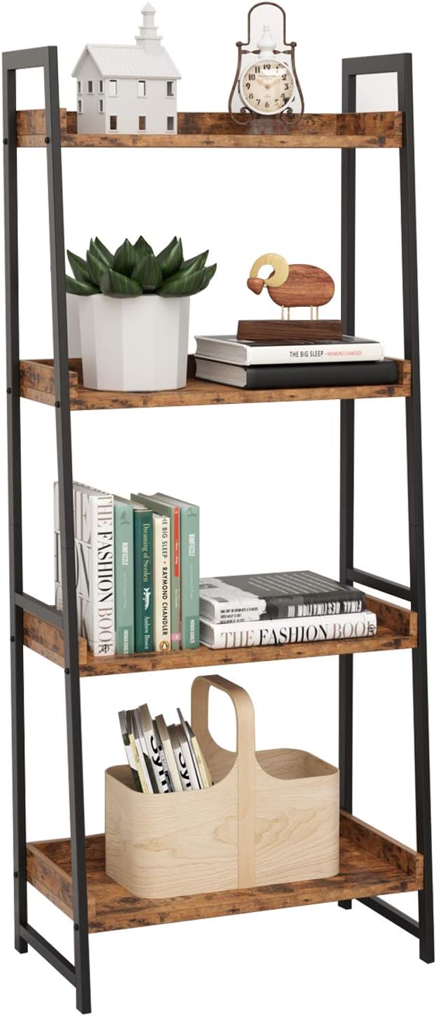 IRONCK Industrial Bookshelf, 4-Tier Ladder Shelf, Storage Shelves Rack Shelf Unit, Wood Look Accent Furniture Metal Frame, Vintage Home Office Furniture for Bathroom, Living Room, Rustic Brown: Kitchen & Dining
