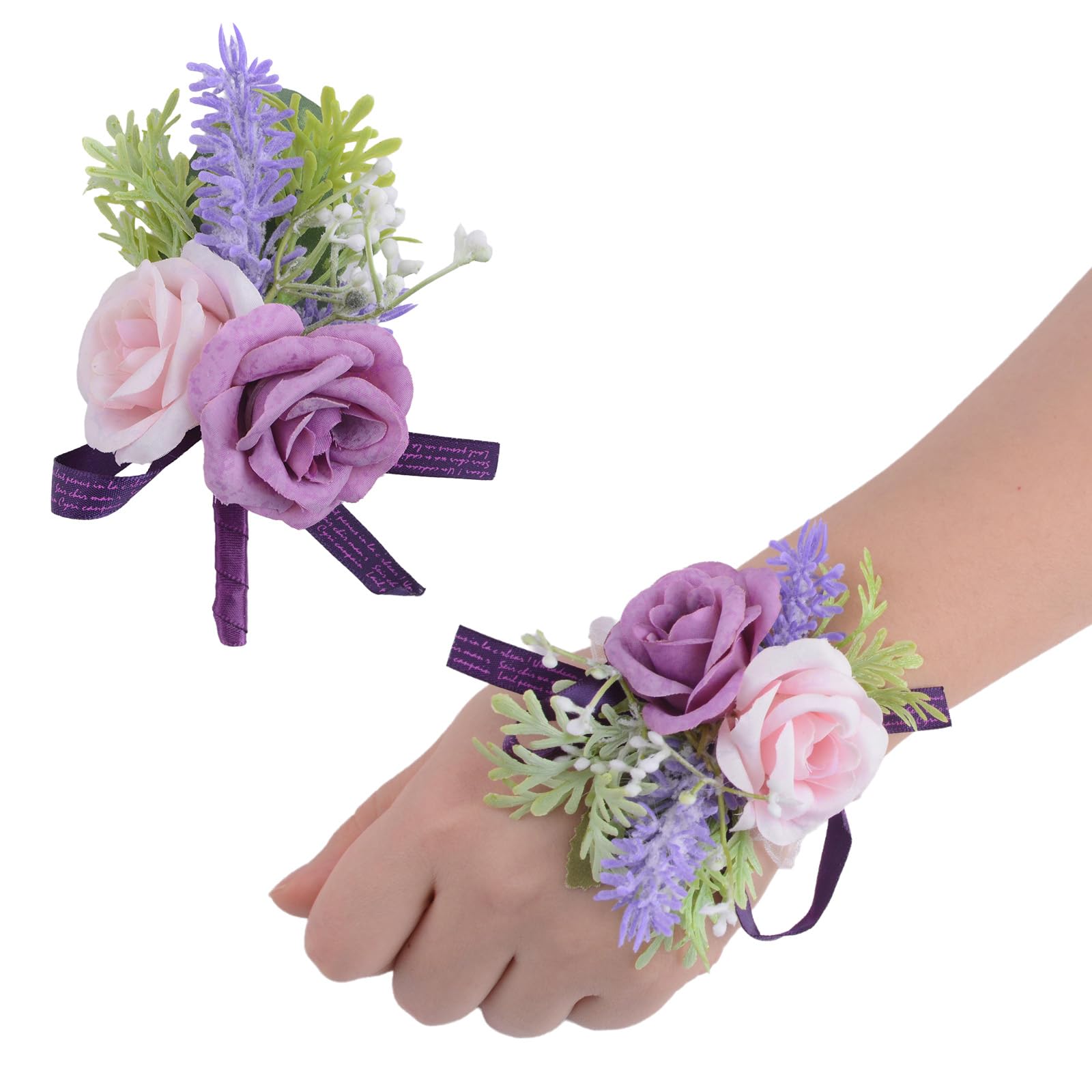URROMA Wrist Corsage and Boutonniere Set, 1 Set Purple Hand Flower for Prom Artificial Wedding Wrist Corsage for Wedding Party Prom, Pink and Purple