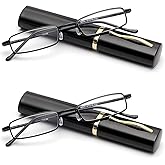 Viseng Slim Mini Metal Reading Glasses Compact Lightweight Portable Readers with Glasses Case for Reading Case,Black+Black+1.0